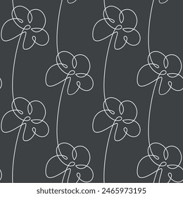 Hand drawn white flowers. Vector seamless pattern. Abstract floral illustration. Outline botanical backdrop. Line continuous drawing, black wallpaper, cartoon background, fabric, textile, print.