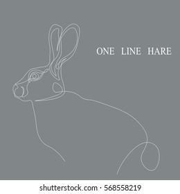 Hand drawn white futuristic minimalism style vector illustration.One line detailed hare design silhouette on gray background.