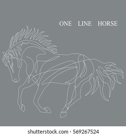 Hand drawn white futuristic minimalism style vector illustration.One line detailed horse running design silhouette on gray background.