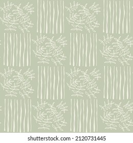 Papel de paredes color verde pastel abstracto con doodle geométrico blanco dibujado a mano. Patrón de vector cutáneo de Asia para papel, tela, libro, cocina, niños.