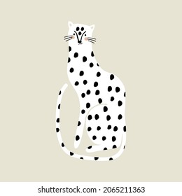 Hand drawn white gepard in with character. Wild Jungle animal print. Cartoon vector leopard  illustration