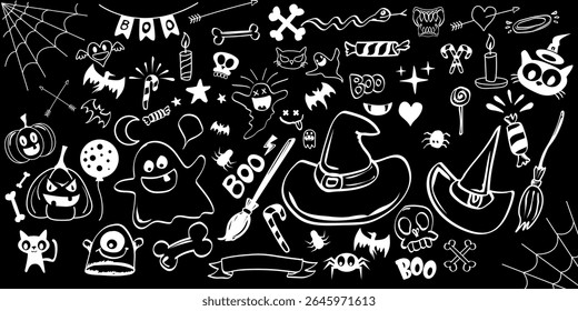 Hand drawn white Halloween doddles set isolated on black background. Doodle halloween pattern seamless banner and poster design. Big halloween design elements set
