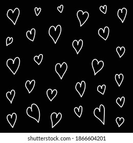 Mano Dibujada En El Corazón Blanco Sobre El Fondo Negro . Patrón sin problemas con corazón