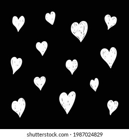 Colección De Vectores De Juego De Corazón Blanco Dibujado A Mano En Ilustración De Fondo Negro . Patrón sin problemas con corazón