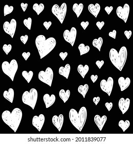 Hand Drawn White Heart Set On Black Background . Seamless Pattern With Hearts