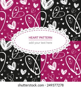hand drawn white heart texture on pink and black background with label, textile or packing paper, background for landing page or site, greetings card, doodle, sketch
