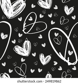 hand drawn white heart texture on black background, textile or packing paper, background for landing page or site, greetings card, doodle, sketch