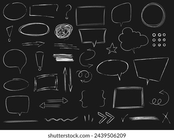 Hand drawn white highlights, brushes, bubbles, text box, frame, speech bubble , design elements on black background.	