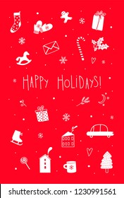 Hand drawn white holiday item
on red background. Winter seasonal illustration. New Year and Christmas seasonal items. Design for seasonal prints, poster, greeting card. Vector  background. 