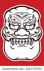 Hand drawn white japanese traditional mask isolated on red background.