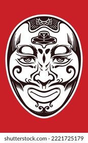 Hand drawn white japanese traditional mask isolated on red background.