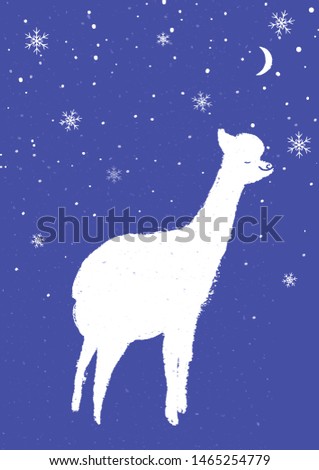 Hand drawn white lama on purple background. Fun fluffy animal card design.