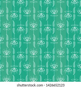 Hand drawn white leaves and flowers geometric design with subtle stripes. Seamless vector pattern on vibrant turquoise background. Great for wellness, beauty, food products, packaging, stationery