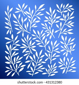 Hand drawn white leaves set on blue gradient background.
