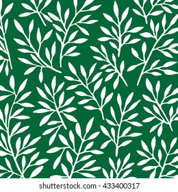 Hand drawn white leaves set on green background. 