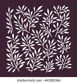 Hand drawn white leaves set on violet background. 
