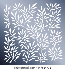Hand drawn white leaves set on gradient grey background.