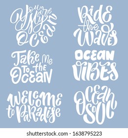Hand drawn white lettering set. Motivation and romantic handwritten brush ink lettering. Inspirational ocean lettering phrases. Poster, banner, flyer, t-shirt vector handdrawn design elements