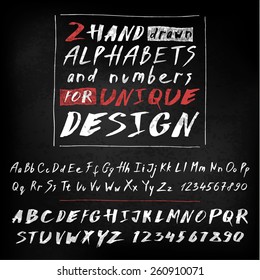 Hand drawn white letters and numbers on blackboard. Vector set