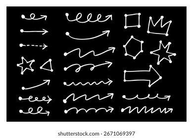 Hand Drawn White Line Arrows and Shapes on Black Background — High Contrast Simple Line Illustrations