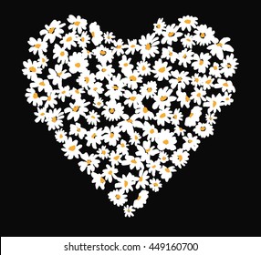 hand drawn white little daisy floral summer lovely heart shape with a black background