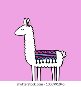 Hand drawn white llama with patterned fringed blanket. Cute furry llama animal vector illustration on violet background.