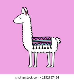 Hand drawn white llama with patterned fringed blanket. Cute furry llama animal vector illustration on violet background.