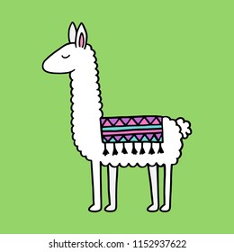 Hand drawn white llama with patterned fringed blanket. Cute furry llama animal vector illustration on green background.