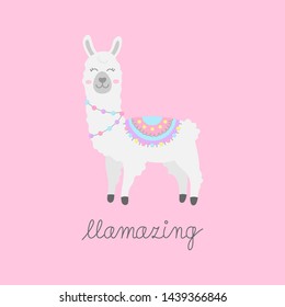 Hand drawn white llama with patterned fringed blanket. Cute furry llama or alpaca animal vector illustration with writing llamazing. Isolated on pink background.