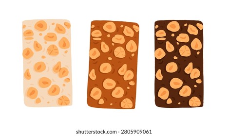 Hand drawn white, milk and dark chocolate bar with hazelnut, three variety collection, artisan confectionery vector illustration