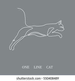  Hand drawn white minimalism style vector illustration.One line cat design silhouette on gray background.