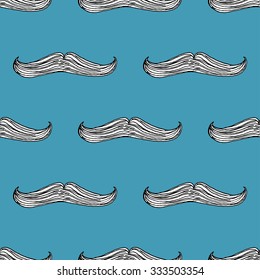 Hand Drawn White Mustache Pattern on Flat Blue Background - Crafted Seamless Doodle Pattern - Vector Illustration