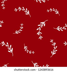 hand drawn white omela mistletoe on red background. seamless winter pattern. Christmas holy berry vector ornament. holiday ilex. Perfect for printing on fabric or paper. 