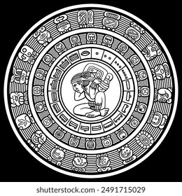 Hand drawn white on black Mayan calendar, vector illustration. cool for t-shirt, emblems, patch, sticker, etc