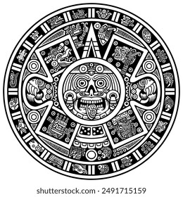 Hand drawn white on black Aztec calendar, vector illustration. cool for t-shirt, emblems, patch, sticker, etc