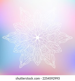 Hand drawn white ornament mandala with floral elements on pastel multi color gradient background. Beautiful vintage colorful doodle ornament. Ethnic mosaic oriental vector outline sketch illustration