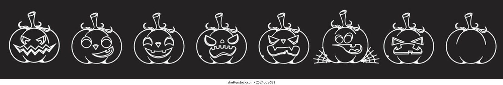 Hand drawn white outline Halloween pumpkins set isolated on black background. Scary Pumpkins design elements collection.