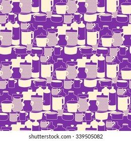 Hand drawn white outline tableware on violet background. Vector seamless pattern can be used for fabric, wallpaper or wrapping paper