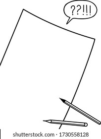 Hand drawn a white paper sheet with a pen and a pencil. Blank sheet for writing in doodle style. Vector template for text, advertising, message, note, news. Black lines isolated on a white background.