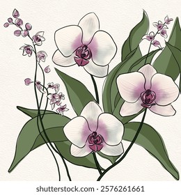 Hand drawn white phalaenopsis orchids with green leaves illustration on white canvas background.