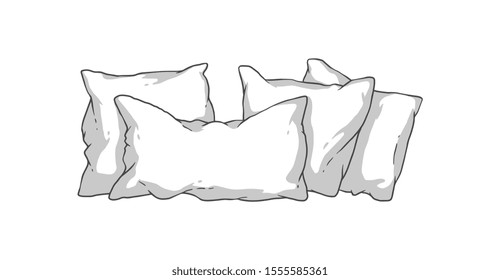 Hand drawn white pillow stack - soft bedding pillows in rectangle and square shape isolated on white background. Colorless outline of soft cushions - vector illustration.