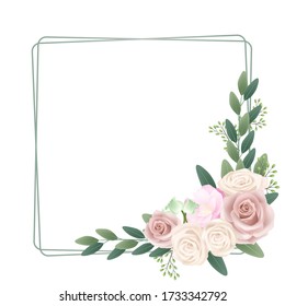 Hand drawn white pink flowers roses square wreath vector illustration background, blooming flowers, summer spring elements, valentines day, wedding flowers, invitation