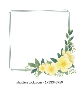 Hand drawn white pink flowers yellow flowers square wreath vector illustration background, blooming flowers, summer spring elements, Valentine's Day, wedding flowers, invitation