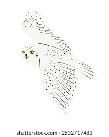 Hand drawn White Polar owl with yellow eyes, flying around. Bird of prey in flat design. Isolated vector illustration 