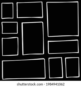 Hand Drawn White Rectangle Set Collection On Black Background Vector