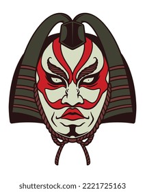 Hand drawn white red black japanese traditional mask isolated on white background.