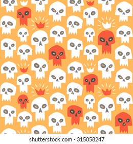 Hand drawn white and red evil skulls seamless pattern. Cute cartoon sculls with sharp vampire teeth and shining crown. Halloween background. Orange backdrop.