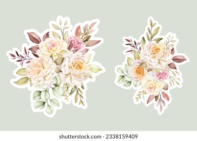 Hand drawn WHITE rose bouquet and branch floral sticker illustration 