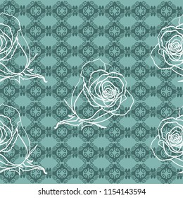 Hand drawn white roses on lace background. Seamless Pattern. Vector Illustration EPS 10.