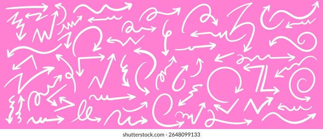 Mão desenhada branco Seta rabisco conjunto no fundo rosa vetor ondulado curva espiral curva direção símbolo ilustração